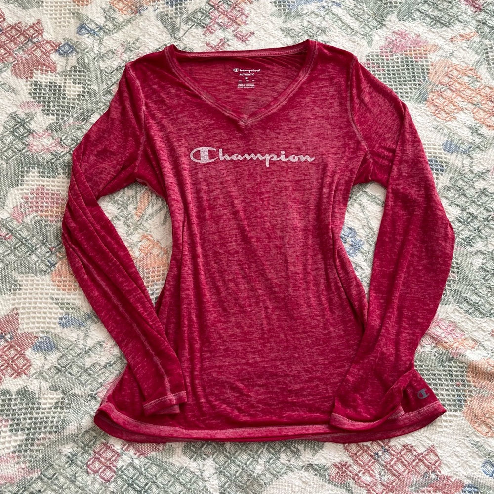 Champion Red Long Sleeve Fitted T-Shirt